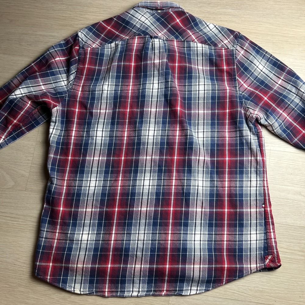 Lacoste L!VE Mens Size 45 Large Plaid Flannel Shirt Long Sleeve Navy Red - Picture 5 of 8